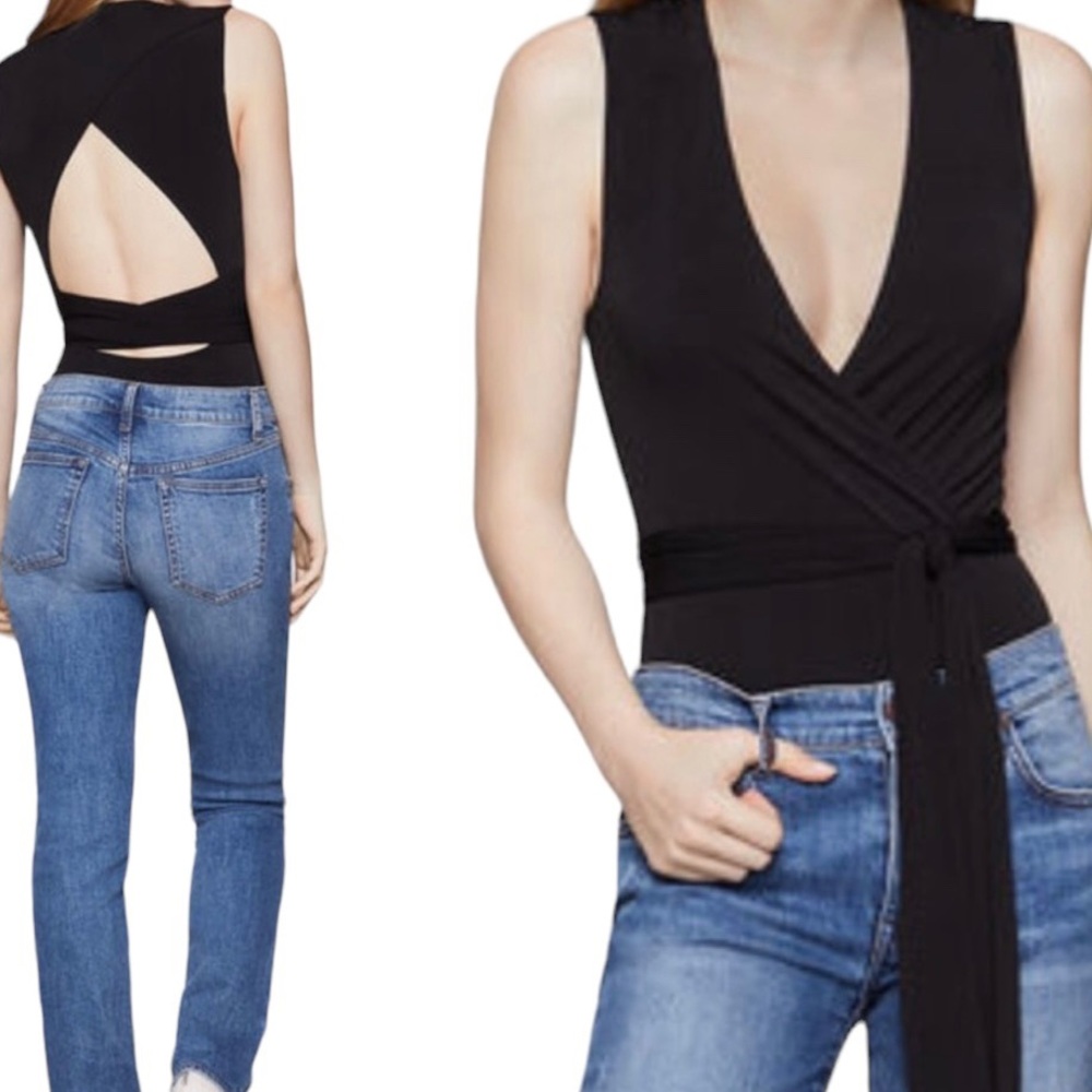 BCBGeneration Sleeveless Open Back V-Neck Black Wrap Bodysuit